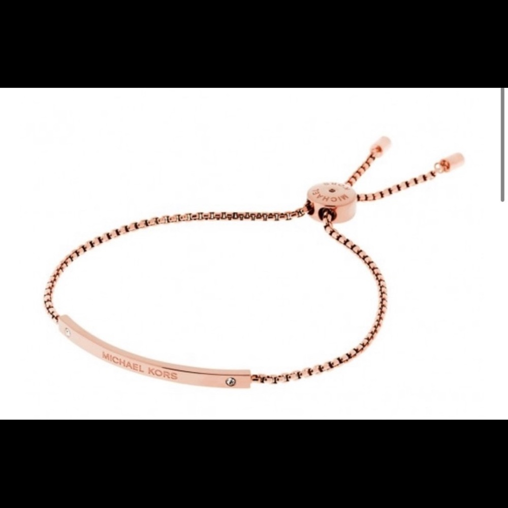 Michael Kors Logo Plaque Rose Gold Tone Crystal Set Slider Bracelet